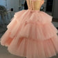 Puffy Straps Tiered Pink Tea Length Prom Dresses, Homecoming Dress With Sequins   fg105