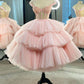 Puffy Straps Tiered Pink Tea Length Prom Dresses, Homecoming Dress With Sequins   fg105