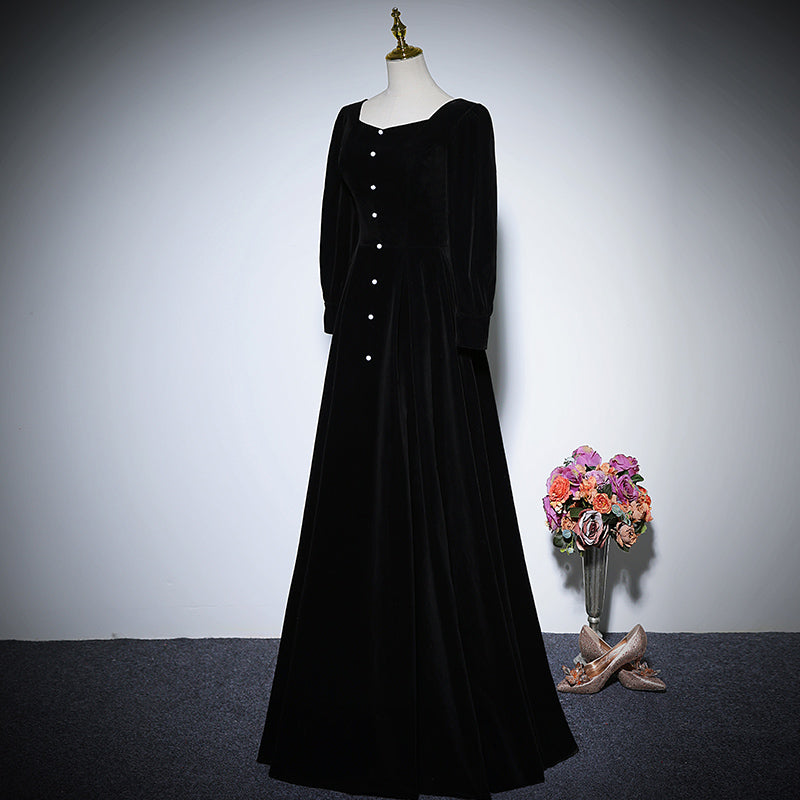 Black velvet evening dress long-sleeved party gowns prom dress      fg156