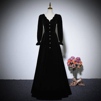 New black long-sleeved velvet dress  prom dress      fg158