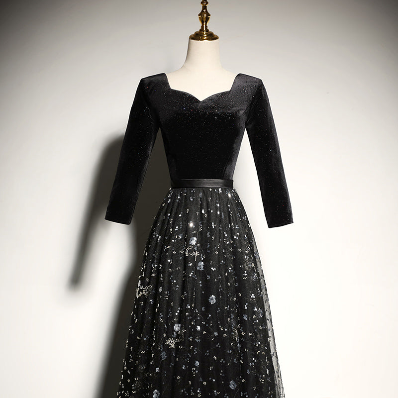 Black velvet evening dress new long-sleeved prom dress      fg182