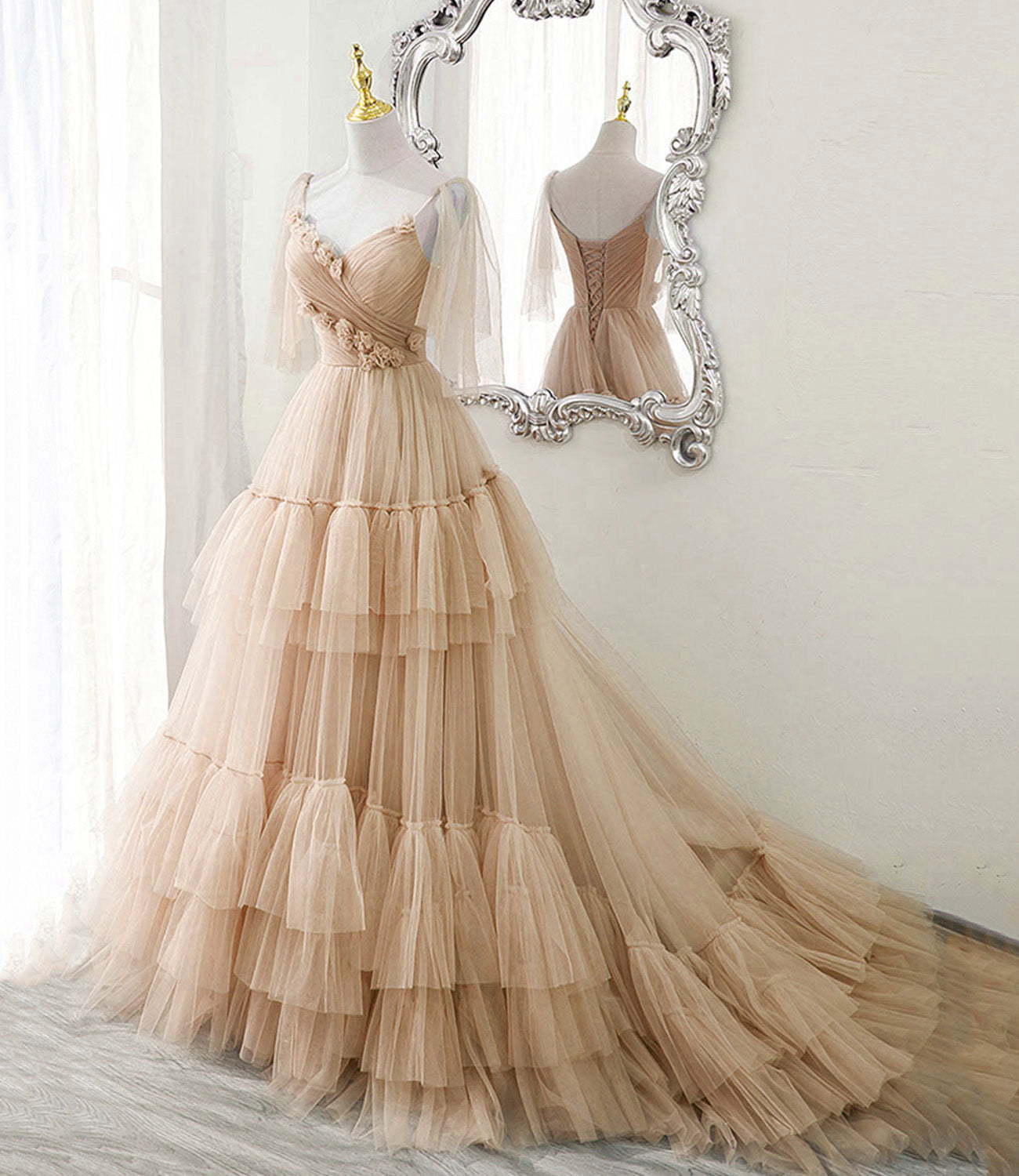 BLUE TULLE LONG A LINE PROM DRESS BLUE EVENING DRESS     fg234