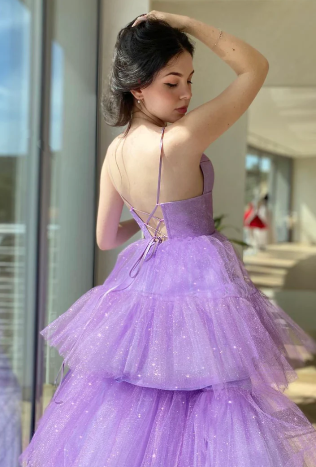 Purple tulle high low prom dress A-line evening dress    fg258