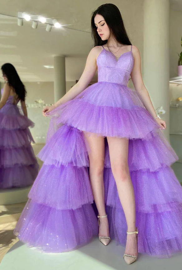 Purple tulle high low prom dress A-line evening dress    fg258