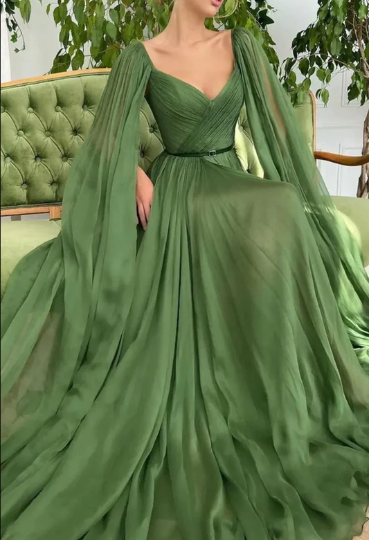 Green V-neck chiffon long prom dress A-line evening dress      fg260