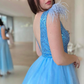 Blue V-neck tulle sequins long prom dress A-line evening dress       fg261