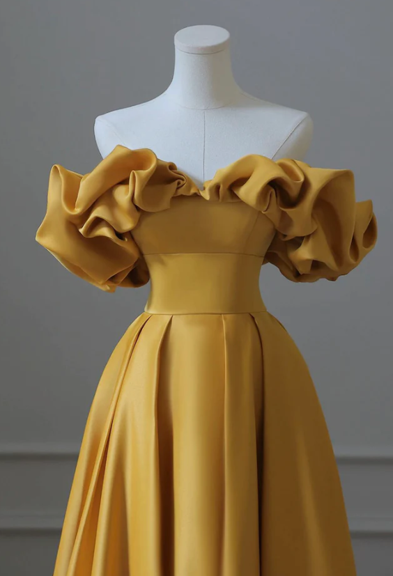 Yellow satin long ball gown dress formal prom dress     fg266