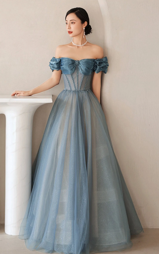 Blue tulle long A line prom dress off shoulder evening dress    fg277