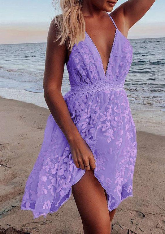 Floral Lace Open Back Spaghetti Strap Purple Short Homecoming Dress     fg29