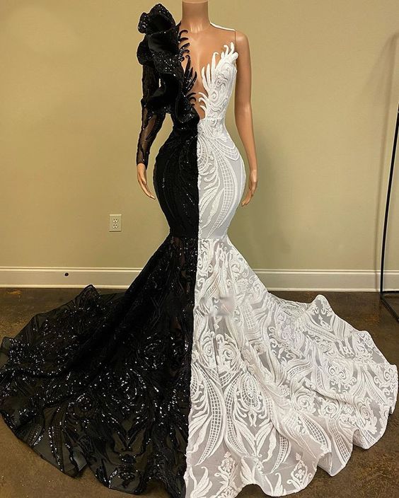 Black and white prom dress, lace prom dresses, mermaid prom dress, long sleeve prom dress, vintage prom dresses, sparkly prom dresses     fg301