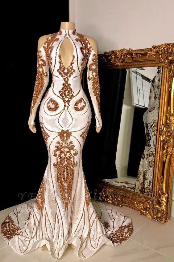 White and Gold High Neck Keyhole Long Sleeves Mermaid Prom Dresses      fg306
