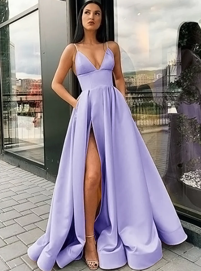 Elegant A Line Satin Pocket Lilac lavender Long Evening Party Prom Gown Girls Sweet 16 Dresses    fg328
