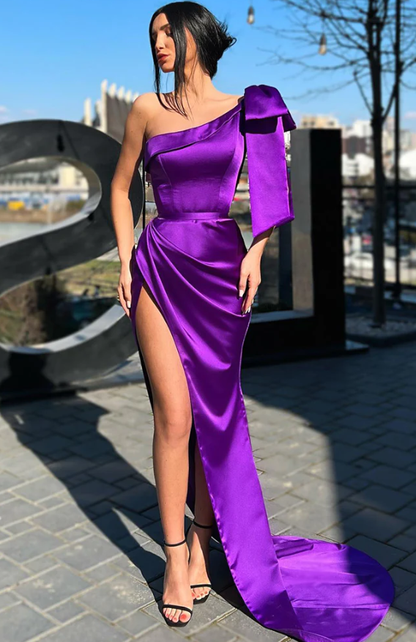 UNIQUE ONE SHOULDER PLEAST PURPLE PROM DRESS    fg334