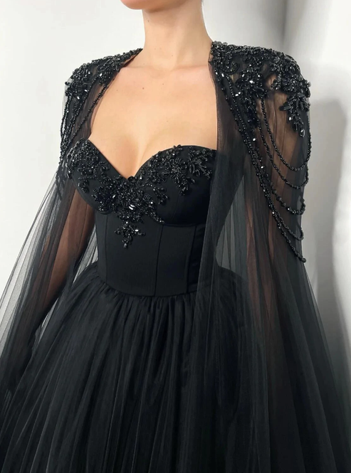 Black romantic wedding dress Black crystal beaded corset wedding tulle ...