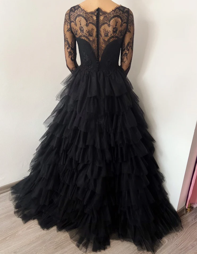 Black ruffle skirt tulle lace wedding gown prom dress long formal gowns      fg366