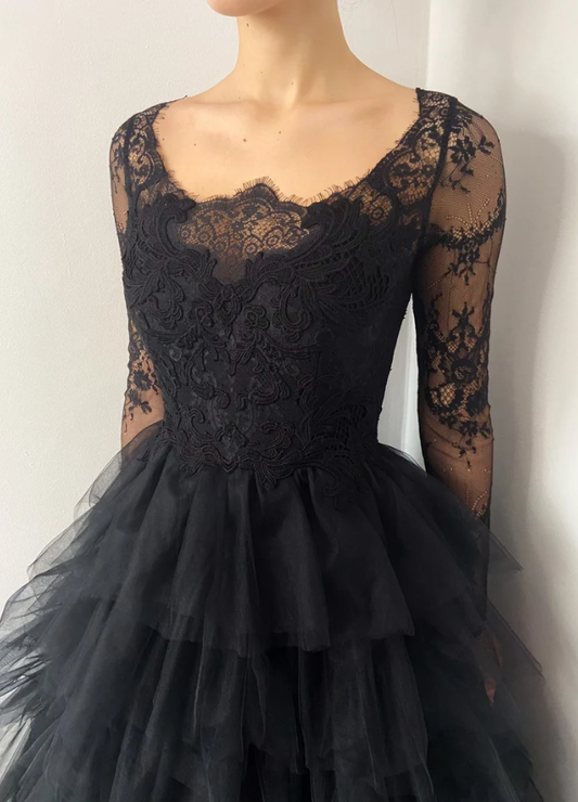 Black ruffle skirt tulle lace wedding gown prom dress long formal gowns      fg366