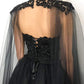 Black gothic corset lace wedding dress with cape, heavy beading fantasy gown, black tulle wedding dress, alternative bride dress       fg372