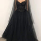 Black gothic corset lace wedding dress with cape, heavy beading fantasy gown, black tulle wedding dress, alternative bride dress       fg372