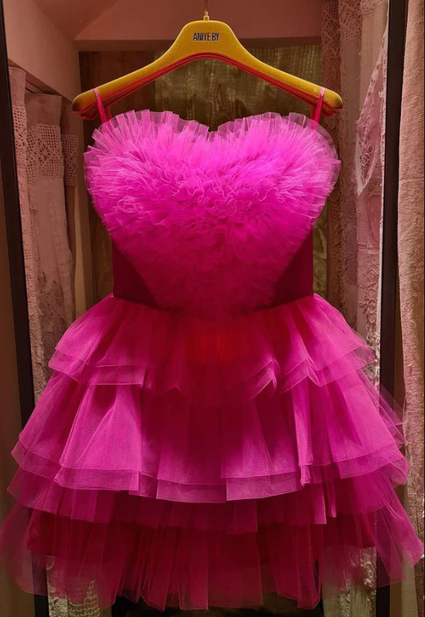 A Line Strapless Tiered Homecoming Dress With A Heart Shape, Hot Pink Short Dress     fg378