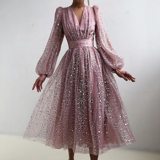 Long Sleeve V-neck High Waist Slim Dress Evening Dress Pink Prom Dresses       fg419