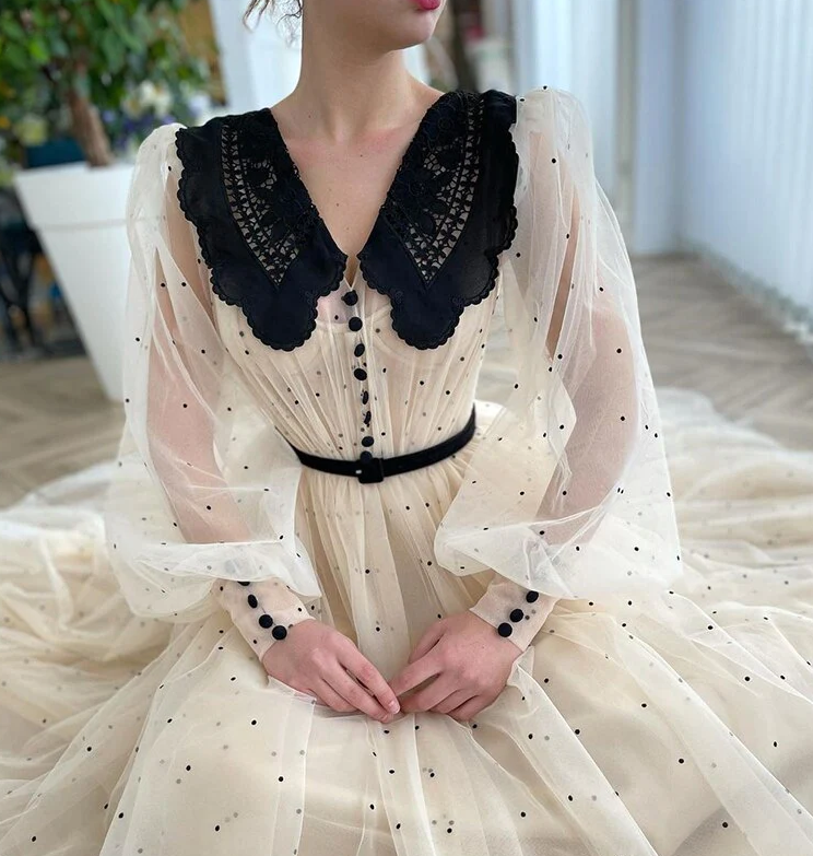 New Arrival Champagne V-Neck Long Puff Sleeves Dot Tulle Prom Dress Elegant A-Line Tea Length Evening Dress       fg421