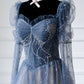 BLUE TULLE BEADS LONG PROM DRESS BLUE EVENING DRESS       fg426