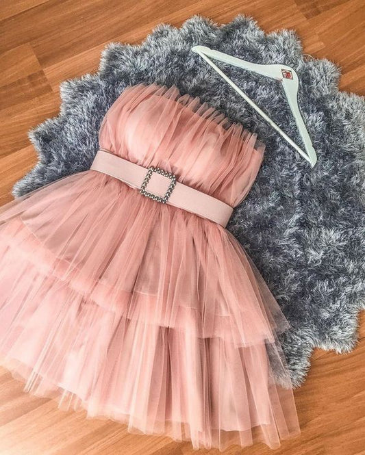 Cheap Homecoming Dress With Ruffles Strapless Tulle Cocktail Dresses     fg429