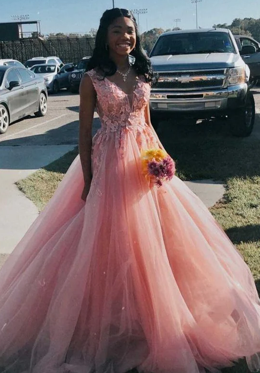 Tulle Long Pink Prom Dresses with Appliques,Winter Formal Dresses       fg484