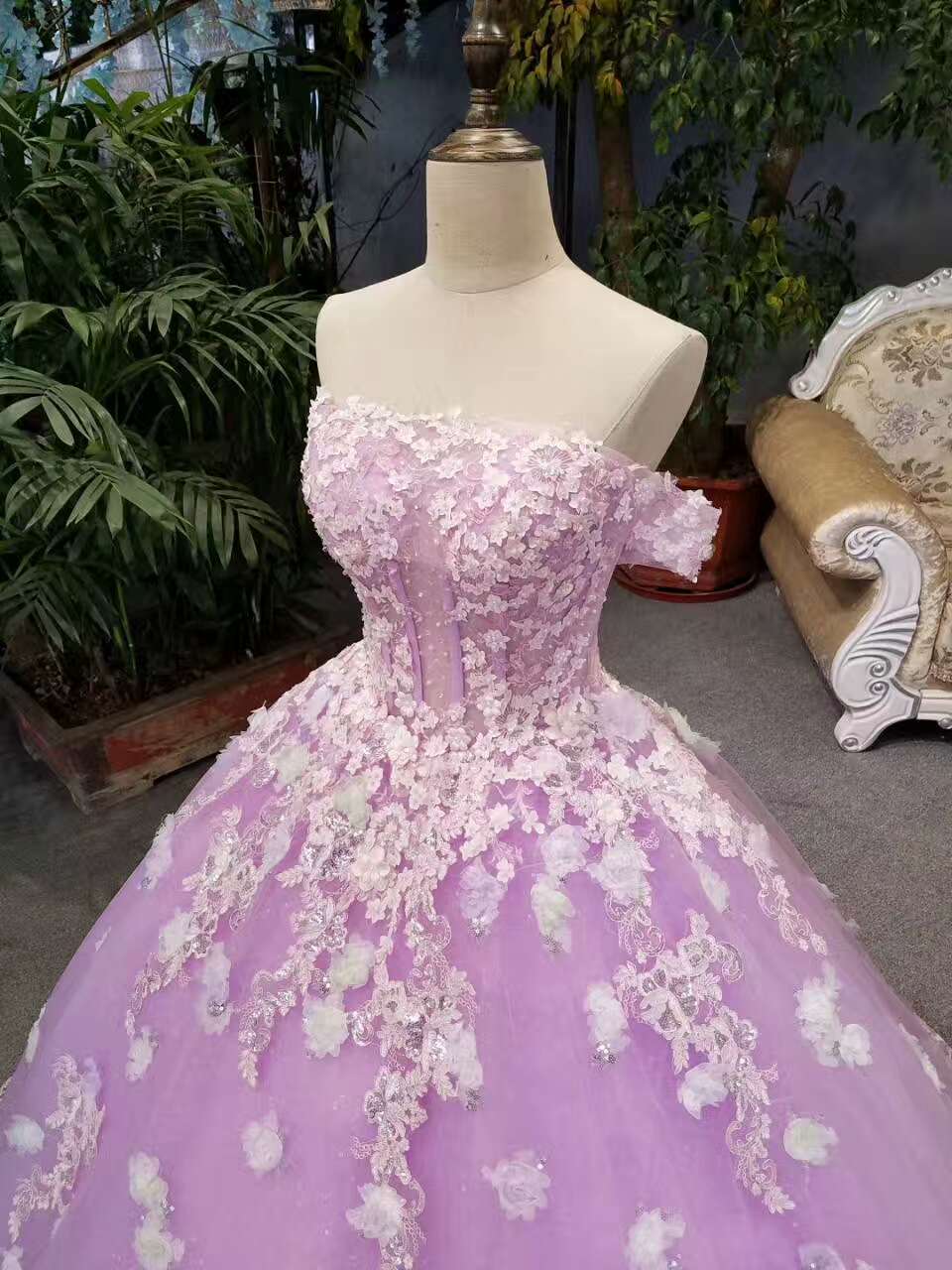 New Arrival Floral Wedding Dresses A-Line Floor Length Lace Up Off The Shoulder Ball Gown With Beads And Appliques     fg513