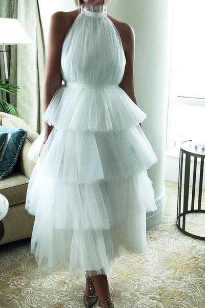 White High Neck Tea Length Sleeveless Backless Cascading Ruffles Tulle Prom Dress     fg545