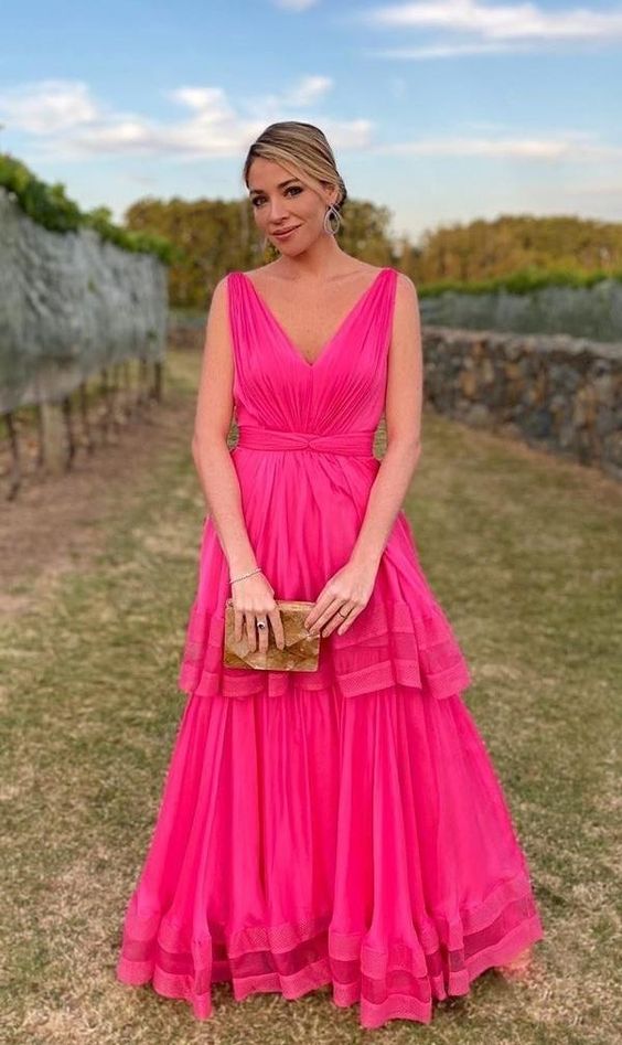 Pink Prom Dress, A-Line Prom Gown, Chiffon Evening Dress, V-Neck Prom Gown      fg546
