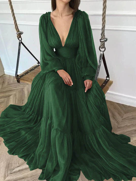 Robe de bal trapèze en mousseline de soie, col en V, volants, traîne, fg577