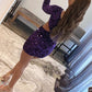 Purple Sequin One-Sleeve Cutout Short Homecoming Dress     fg583