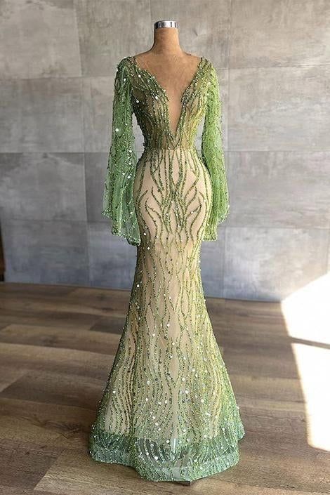 Sexy Deep V Neck Green Prom Dress 2022 Full Sleeve Crystals Sequined Mermaid Fashion Evening Gown    fg599