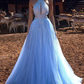 BLUE HALTER BEADINGS LONG PROM DRESS TULLE EVENING PARTY GOWNS     fg606
