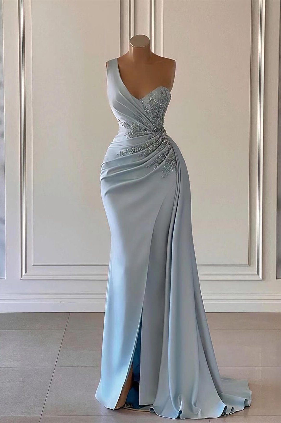 Luxury Sky Blue One-Shoulder Prom Dress Mermaid Split With Ruffles      fg625