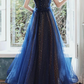 Stars Moon Sequins Prom Dress Navy Blue Long Evening Dress V Neck Banquet Dress Short Sleeve Girls Party Dress Graduation Dress       fg656