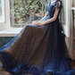 Stars Moon Sequins Prom Dress Navy Blue Long Evening Dress V Neck Banquet Dress Short Sleeve Girls Party Dress Graduation Dress       fg656