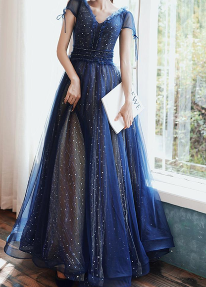 Stars Moon Sequins Prom Dress Navy Blue Long Evening Dress V Neck Banq formalgowns