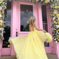 Straps Tulle Bodice 3D Flowers With Back Lace Up Yellow Long Prom Dress    fg663