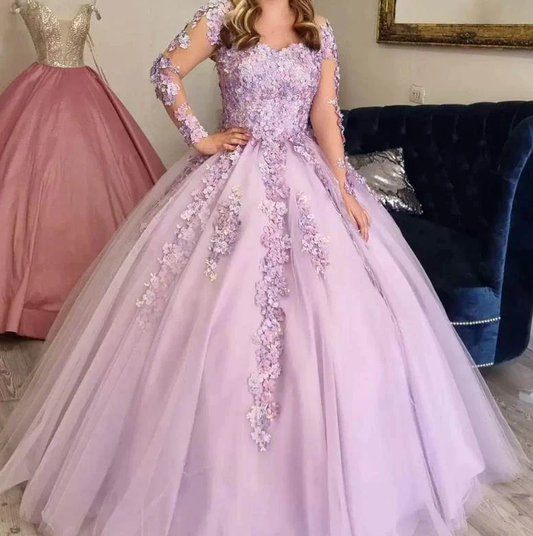 Lilac Ball Gown 3D Floral Lace Applique Long Sleeve Special Occasion Dress Sweet 16 Dress      fg665