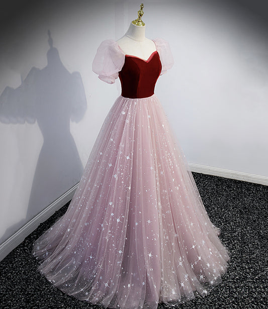 Cute pink tulle long prom dress A line evening dress     fg704