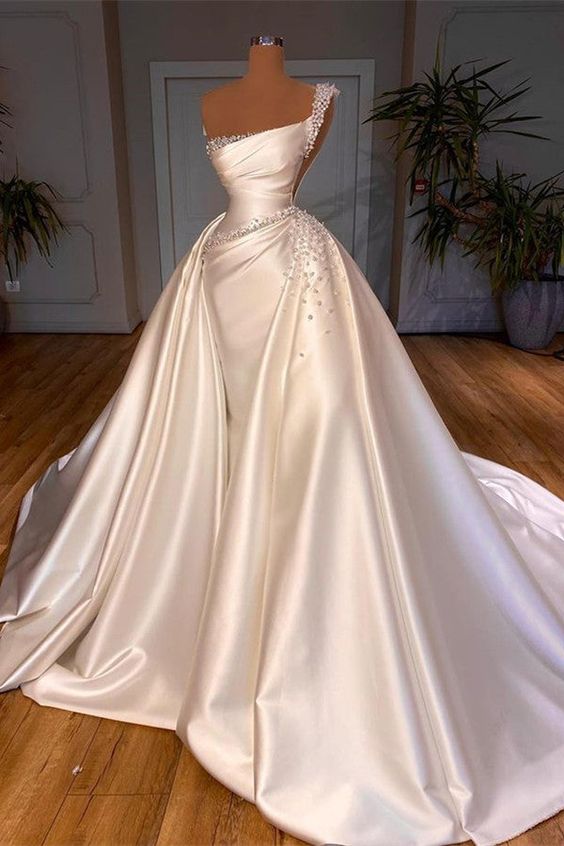 Glamorous One Shoulder Pearl Wedding Dress Overskirt Bridal Gowns     fg712