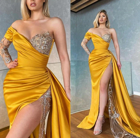 Long Sleeves Yellow Prom Dress Mermaid Split With Sequins Beads      fg722