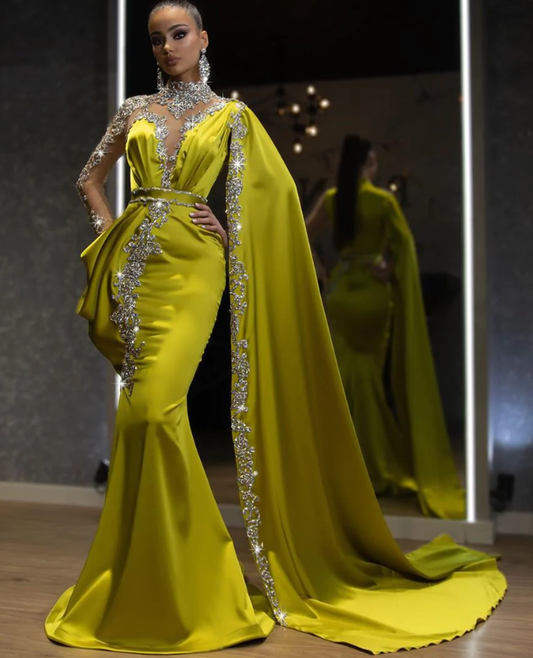 ELEGANT CRYSTAL MERMAID EVENING GOWN WITH CLOAK SLEEVE      fg725