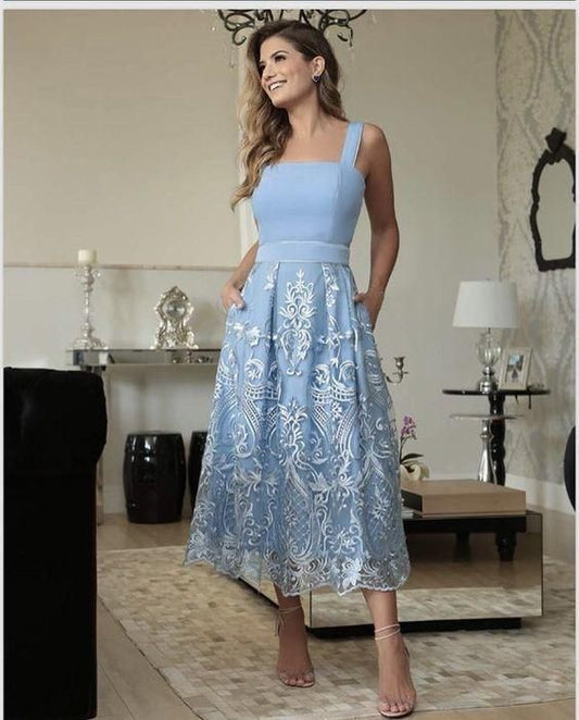 elegant blue prom dresses lace evening gown     fg75