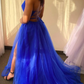 A Line V Neck Backless Blue Tulle long Prom Dress with High Slit, Backless Blue Formal Graduation Evening Dress     fg760