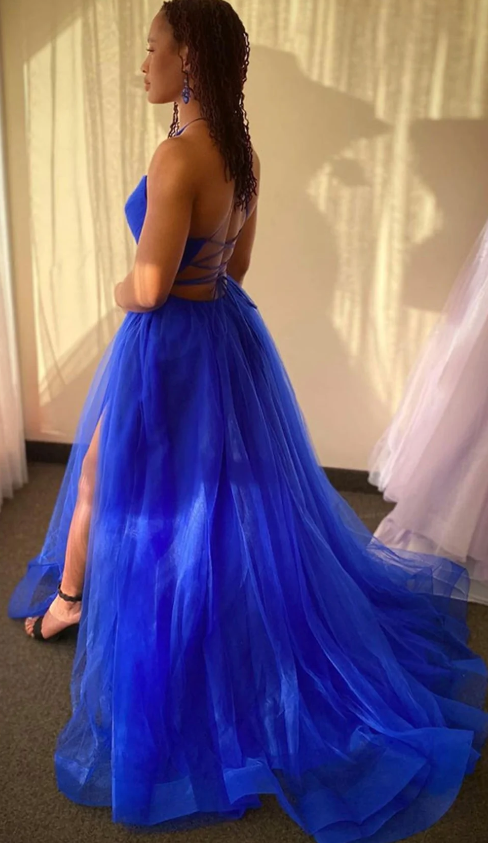 A Line V Neck Backless Blue Tulle long Prom Dress with High Slit, Backless Blue Formal Graduation Evening Dress     fg760