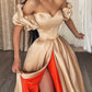 CHAMPAGNE SATIN LONG PROM DRESS, CHAMPAGE EVENING DRESS     fg78