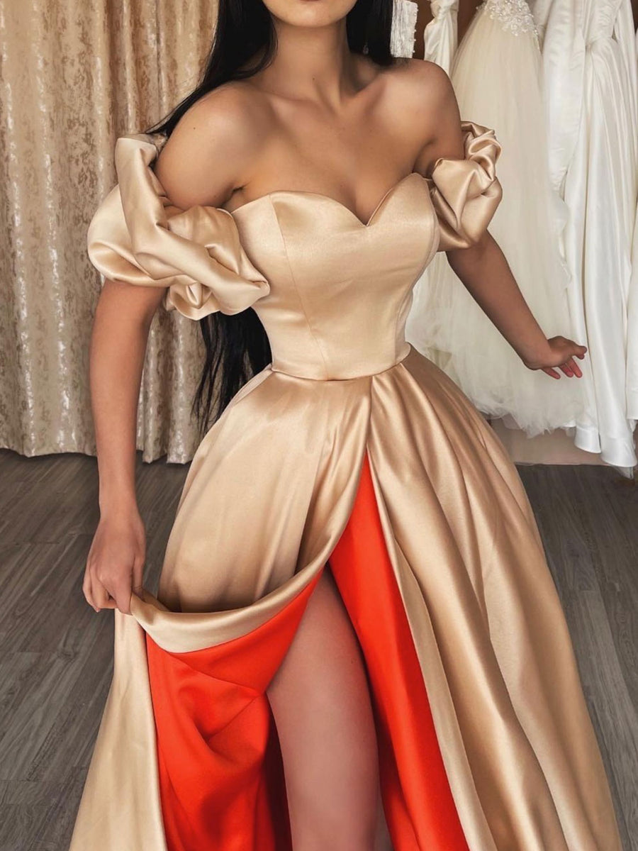 CHAMPAGNE SATIN LONG PROM DRESS, CHAMPAGE EVENING DRESS     fg78